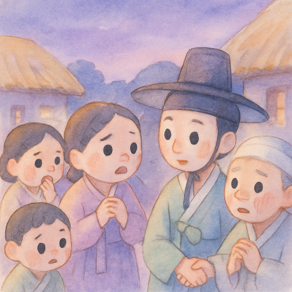 마을 사람들이 모여 구렁이 이야기를 하며 걱정하는 장면